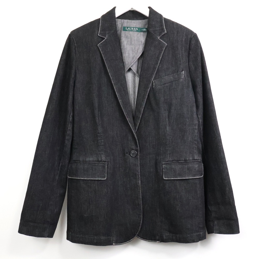Lauren Ralph Lauren Black Denim Blazer Contrast Stitch Jacket Womens 12